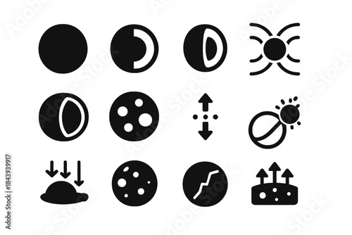 Mercury's Giant Core Icons. Solid style icons of Mercury's giant core: Mercury globe, planetary cross-section, oversized metallic