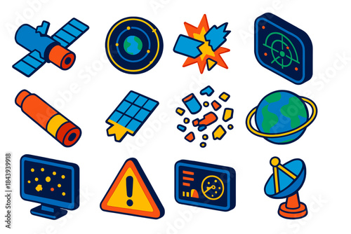 Space Debris Icons. Isometric vector illustration set Space Debris: satellite wreck fragment, orbital loop map, collision warning