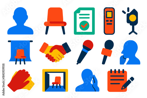 Ethical Interview Icons. Flat vector icons of ethical interview techniques: interviewer silhouette, subject chair, consent form,