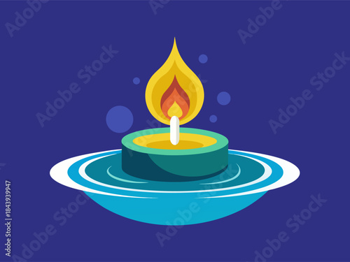 Water and floating candle. Spa relaxation concept. Cartoon vector illustration