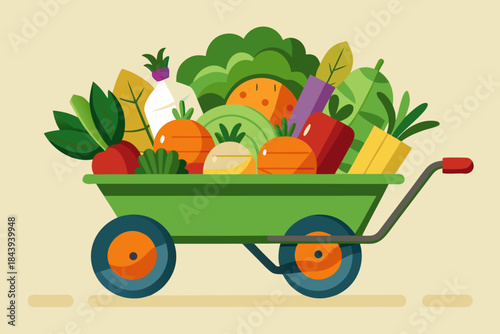 Colorful wheelbarrow with vegetables. Cartoon vector illustration