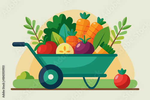 Colorful wheelbarrow with vegetables. Cartoon vector illustration