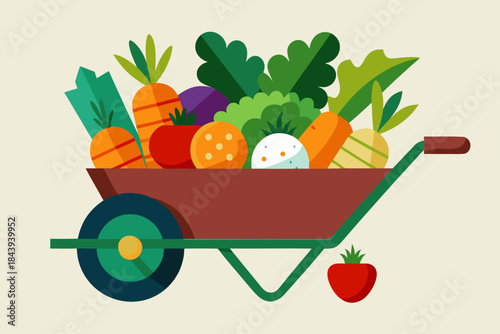 Colorful wheelbarrow with vegetables. Cartoon vector illustration