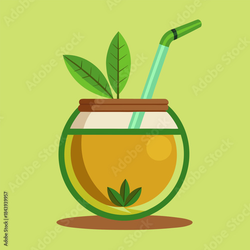 Yerba mate with straw. Traditional beverage from South America with leaves. Cartoon vector illustration