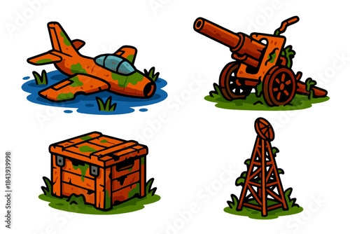 Abandoned Military Icons. Isometric vector illustration set Abandoned Military Hardware: Submerged fighter plane, weathered