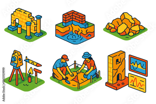 Archaeoseismology Icons Set. Isometric vector illustration set Archaeoseismology: ancient ruins with wall offsets, liquefaction
