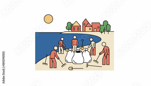 A picturesque coastal village organizing a community cleanup with locals gathering trash bags and tools along the shoreline.