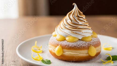 Lemon Cream Donut with Toasted Meringue on Plate, Elegant Dessert Food Photography