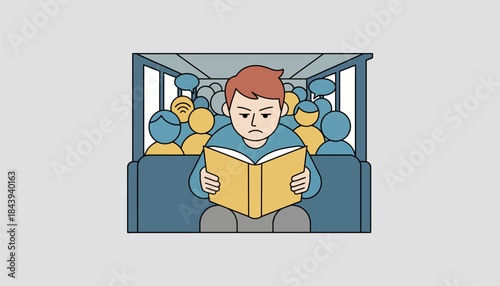 A student reading a book with intense focus oblivious to the chatter around them on the crowded bus.