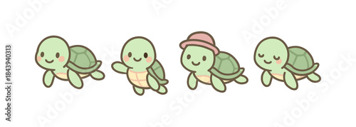 Cute kawaii turtles with expressions and accessories in pastel colors