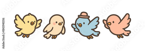 Cute cartoon birds in pastel colors: charming avian characters in flat style