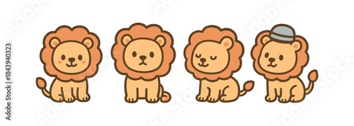 Cute cartoon lions in various poses and expressions with a hat