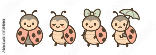 Cute cartoon ladybugs with different expressions and accessories