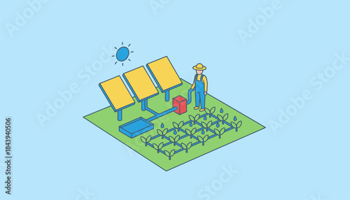 A farmer using a solarpowered irrigation system in a lush field representing sustainable agriculture and renewable energy.