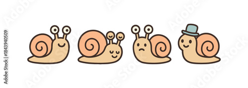 Charming cartoon snails expressing emotions in a playful flat design