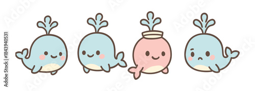 Cute cartoon whales with water spouts in minimalist style