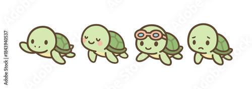 Cute cartoon turtles in various moods with outlined style
