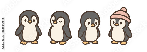 Cute cartoon penguins with different expressions and winter hat on white background