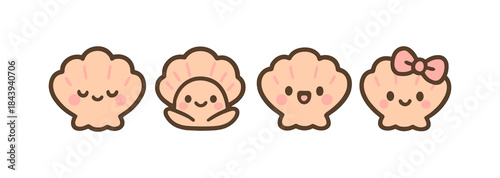 Cute kawaii seashells with adorable faces and expressions