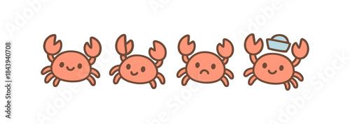 Cute cartoon crab expressions with accessories in linear style