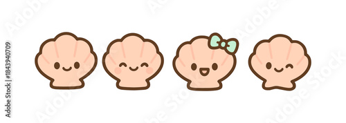 Cute cartoon sea shell characters with happy expressions