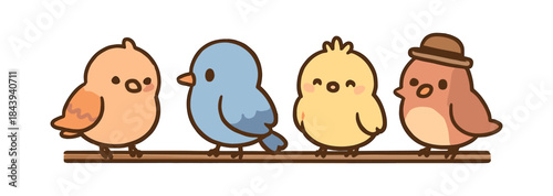 Cute cartoon birds on branch with hat and pastel colors