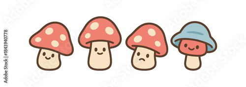 Cute cartoon mushrooms with expressive faces on white background