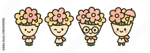 Cute cartoon flower characters in adorable outfits with accessories