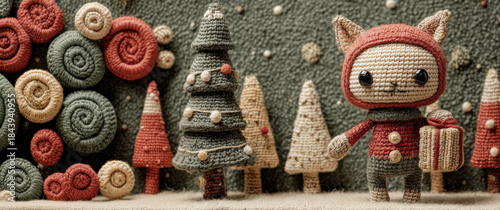 Whimsical crochet cat character with gift box, framed by soft woolen trees and holiday decor..Use in greeting cards, cozy retail displays, or playful Christmas promotions.
