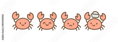 Cute cartoon crabs with various expressions including smiling, winking, and sad