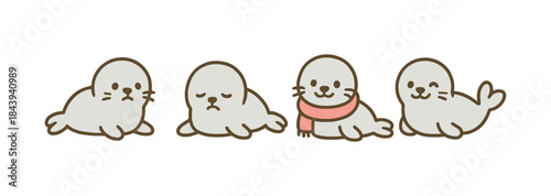 Cute cartoon seal pups with playful expressions and accessories