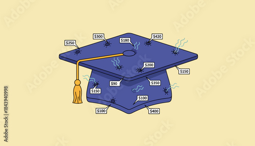 An illustration of a balloon shaped like a graduation cap slowly deflating due to multiple pinholes labeled with monthly payment amounts.