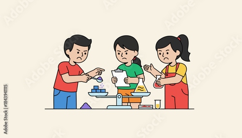 A small team of children measuring ingredients with precision on a balance scale for a chemistry project engaged in discussion.