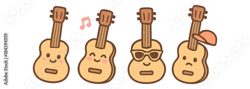Cute kawaii guitars with fun expressions and accessories