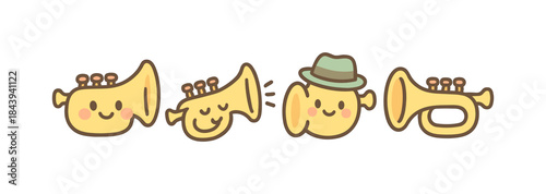 Cute cartoon musical trumpets with faces and accessories