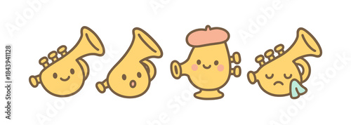 Cute musical trumpet characters with expressive faces in kawaii style