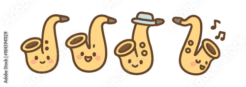 Cute cartoon saxophone set with expressive faces and musical elements