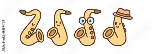 Playful cartoon saxophones with faces and accessories on white background