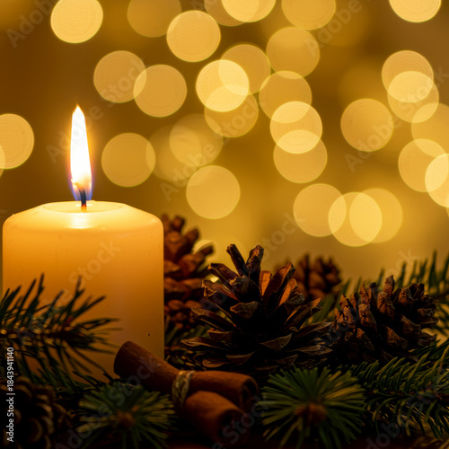 Warm Christmas Candle with Pinecones and Golden Bokeh Lights