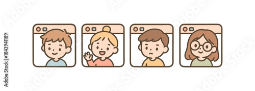 Cute cartoon kids in video call interface with pastel colors