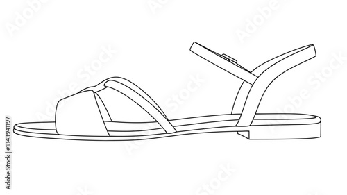 A simple line drawing showcases a delicate women's sandal with a minimalist design and elegant straps