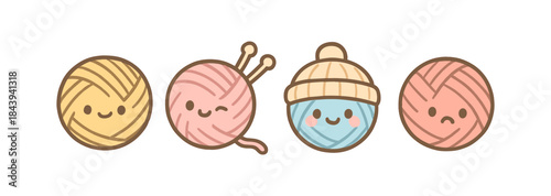 Cute cartoon yarn balls with smiley faces and accessories