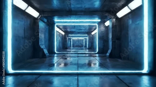 Futuristic blue neon-lit corridor stretching into a glistening endless tunnel