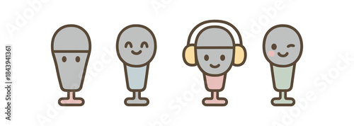 Cute cartoon microphones with smiley faces and headphones