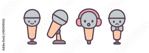 Cute cartoon microphones with expressions and headphones in linear style