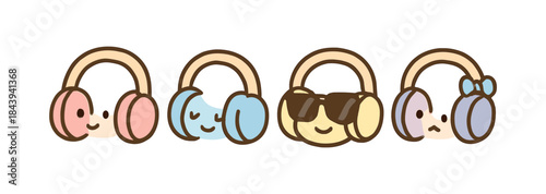 Cute kawaii headphones with friendly expressions on white background