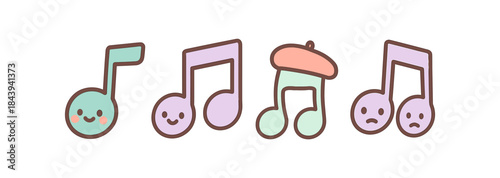 Cute musical notes with expressive faces in pastel colors