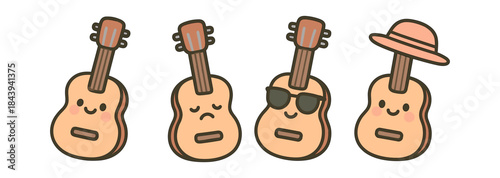 Cute cartoon guitars with kawaii faces and accessories