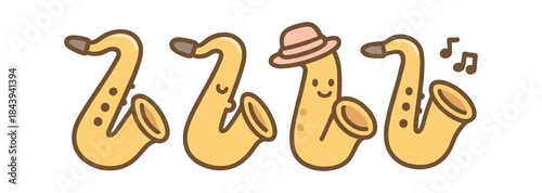 Cute cartoon saxophones with expressions and music notes in doodle style