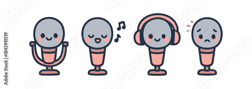 Cute cartoon microphone characters with various emotions and accessories